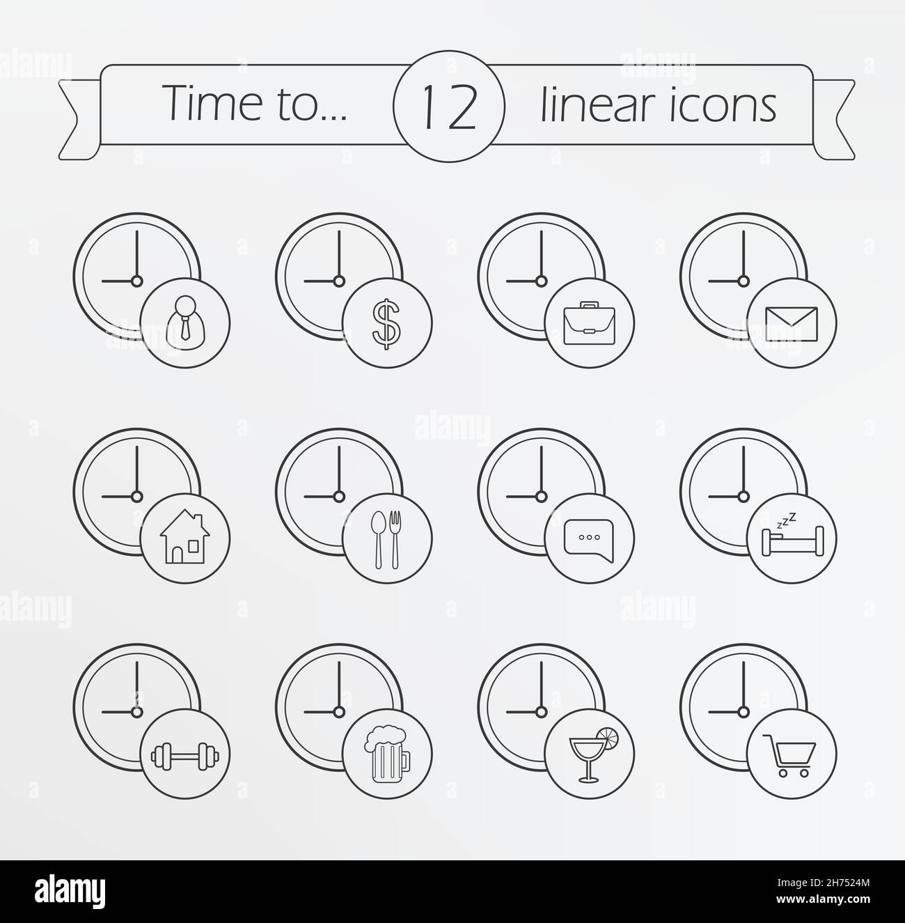 Icone lineari di gestione del tempo impostate Illustrazione Vettoriale