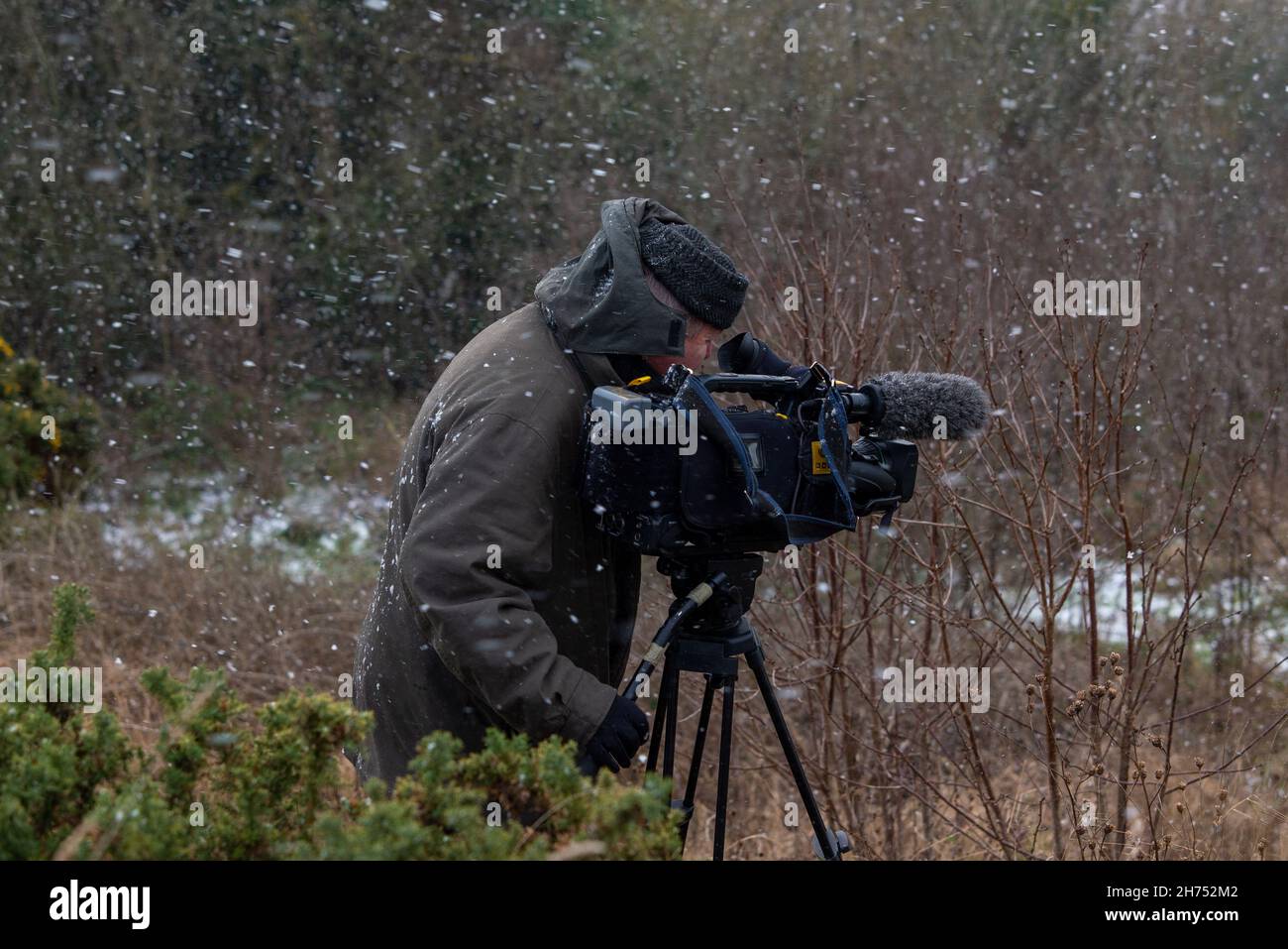 Operatore di telecamere che effettua riprese nella neve con una telecamera di trasmissione Foto Stock