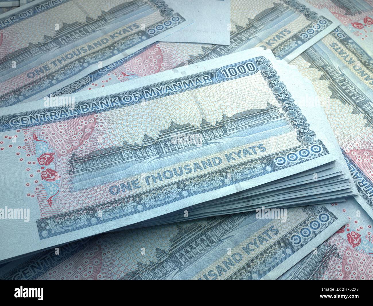 Denaro di Myanmar. Kyat fatture. Banconote MM3. 1000 birmano. Affari, finanza, notizie di background. illustrazione 3d. Foto Stock