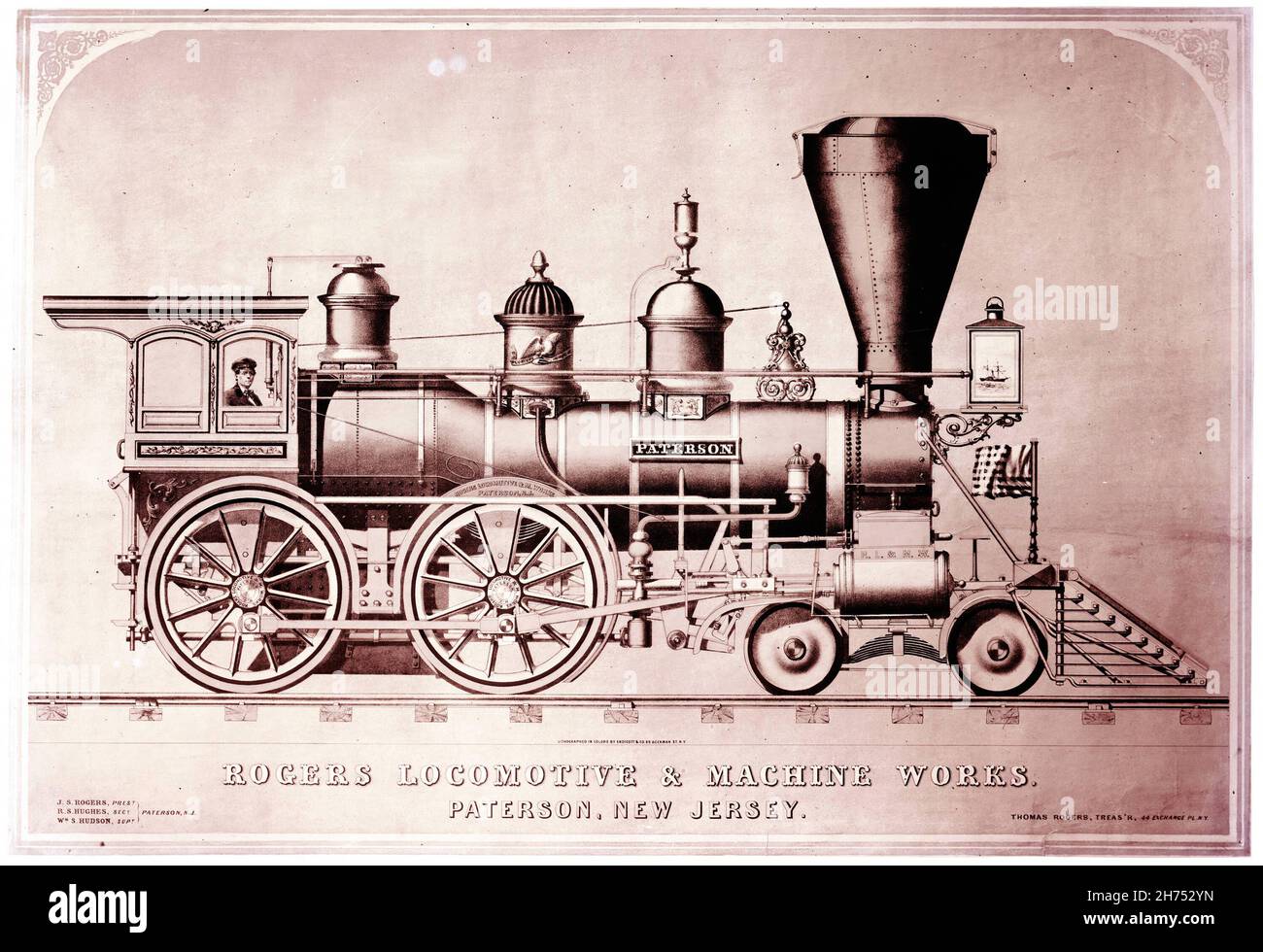 Illustrazione dell'incisione del 19 ° secolo di una locomotiva sulla ferrovia Foto Stock