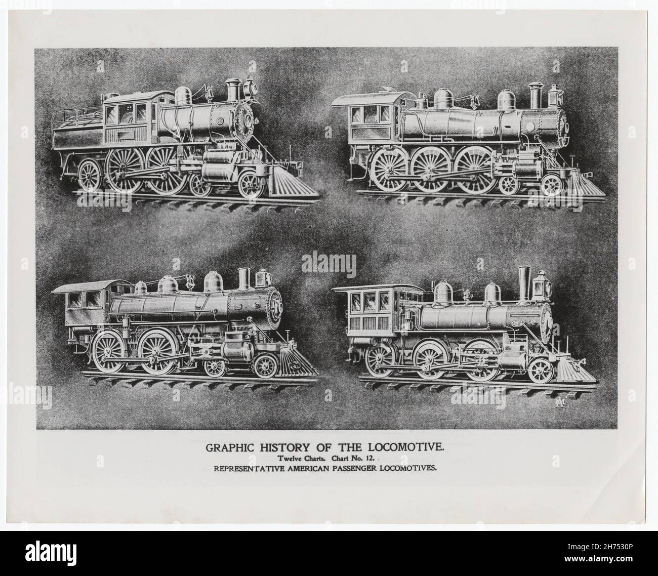 Illustrazione dell'incisione del 19 ° secolo di una locomotiva sulla ferrovia Foto Stock