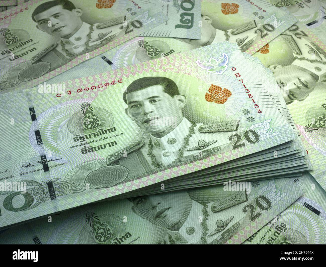 Denaro della Thailandia. Baht thailandese fatture. Banconote THB. 20 bahts. Affari, finanza, notizie di background. illustrazione 3d. Foto Stock