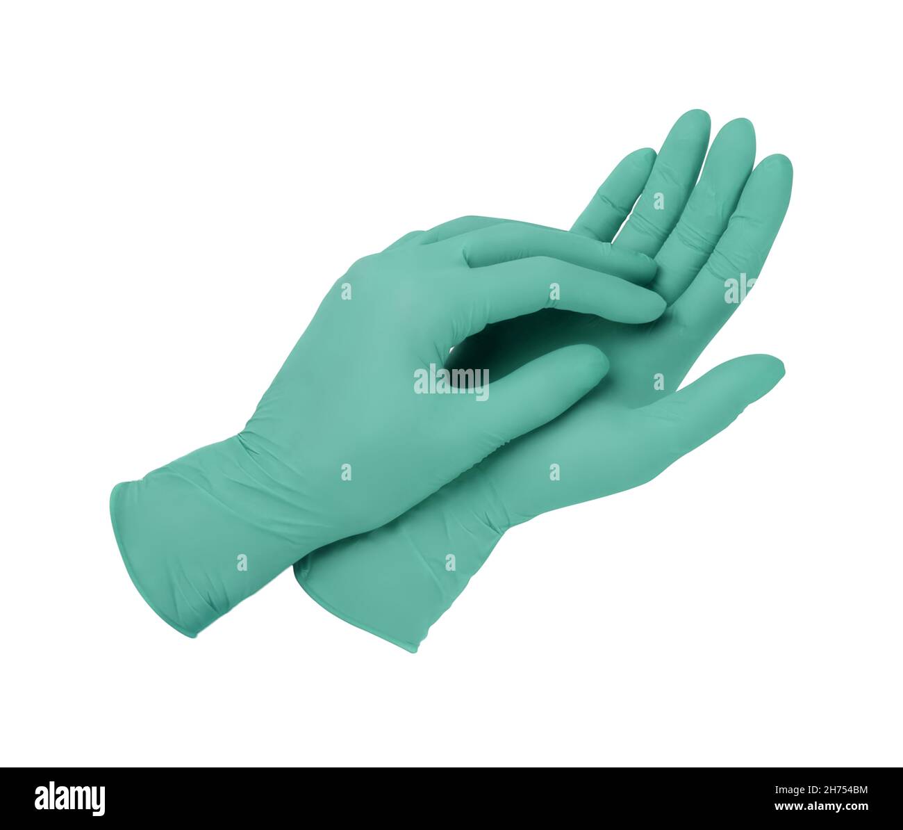 Guanti per uso medico. Due guanti chirurgici verdi isolati su sfondo bianco  con le mani. Produzione di guanti in gomma, la mano umana indossa un guanto  in lattice Foto stock - Alamy