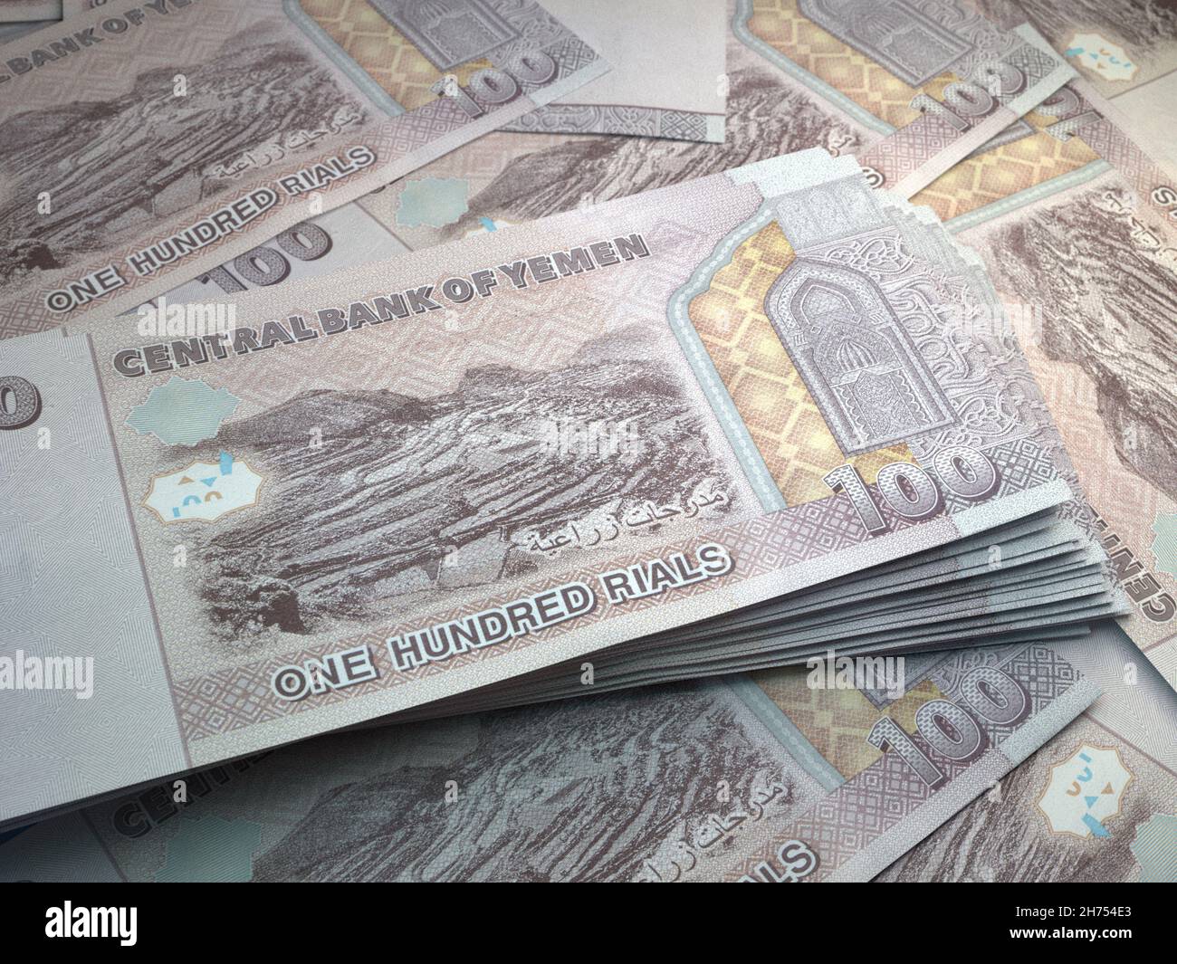 Denaro dello Yemen. Fatture rial. BANCONOTE DA YER. 100 arabo. Affari, finanza, notizie di background. illustrazione 3d. Foto Stock