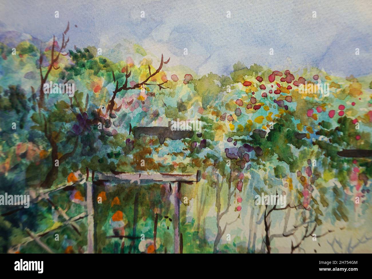 Pittura originale di colore dell'acqua - paesaggio di albero dalla tailandia Foto Stock
