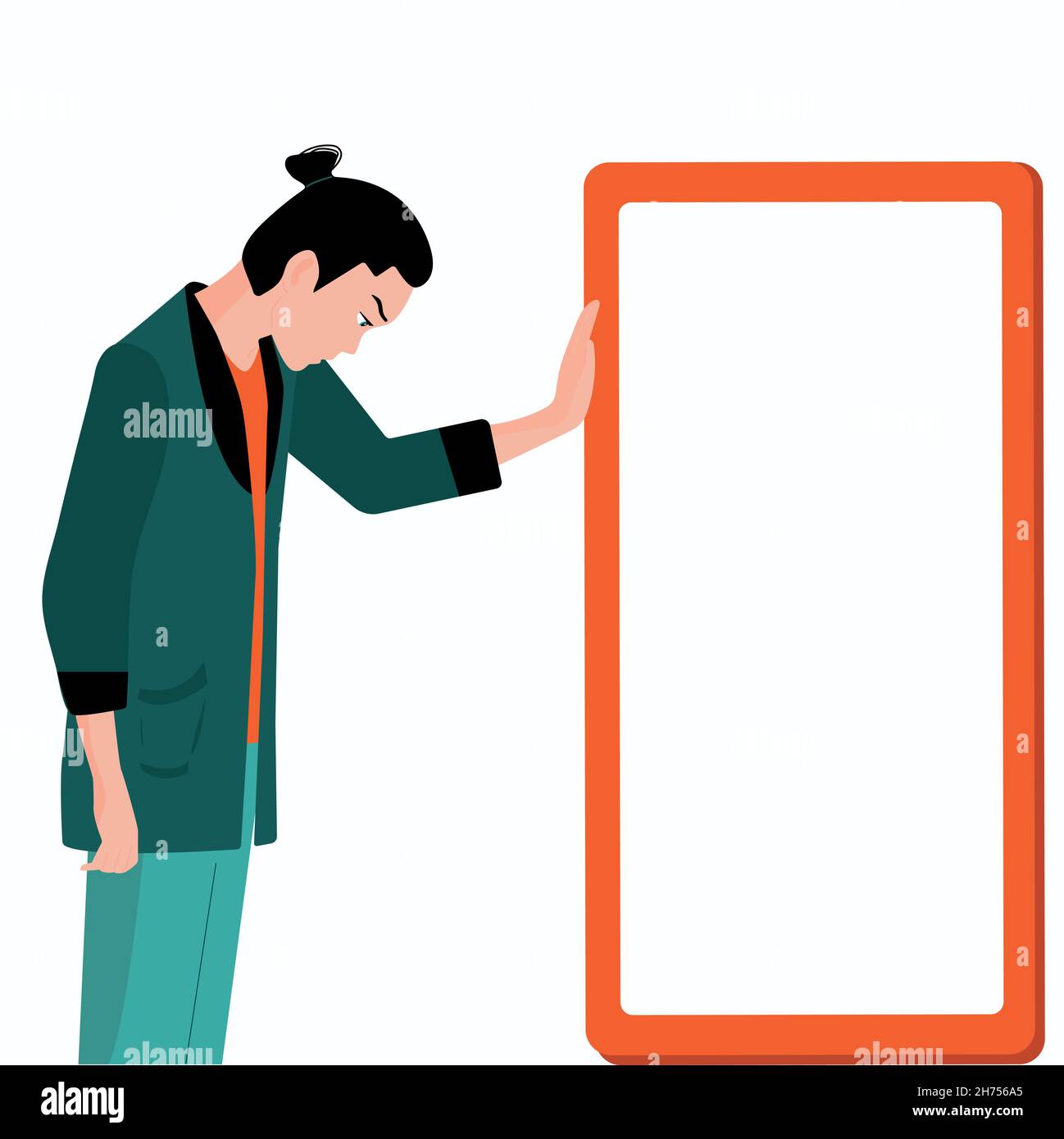 Il personaggio di Guy si alza appoggiando i gomiti su un grande telefono. Uomo molto triste con un'acconciatura alla moda. Bullismo tra i giovani, emozioni umane.Teenage Illustrazione Vettoriale