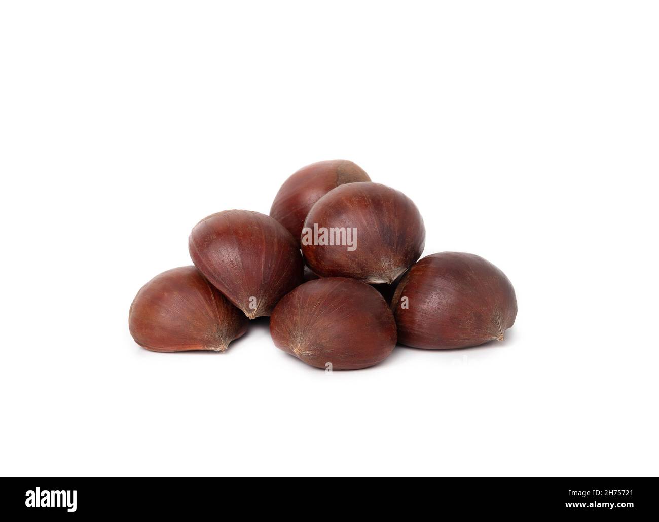 Mucchio di castagne, da vicino. Vista prospettica di più frutti di castagno crudi e dolci, uno sopra l'altro. Usato in molte ricette autunnali al forno, boile Foto Stock