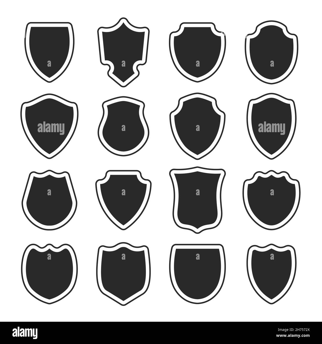 Forma scudo di polizia. Schermi araldici emblemi bianchi. Etichette vettoriali nere di sicurezza. Illustrazione Vettoriale