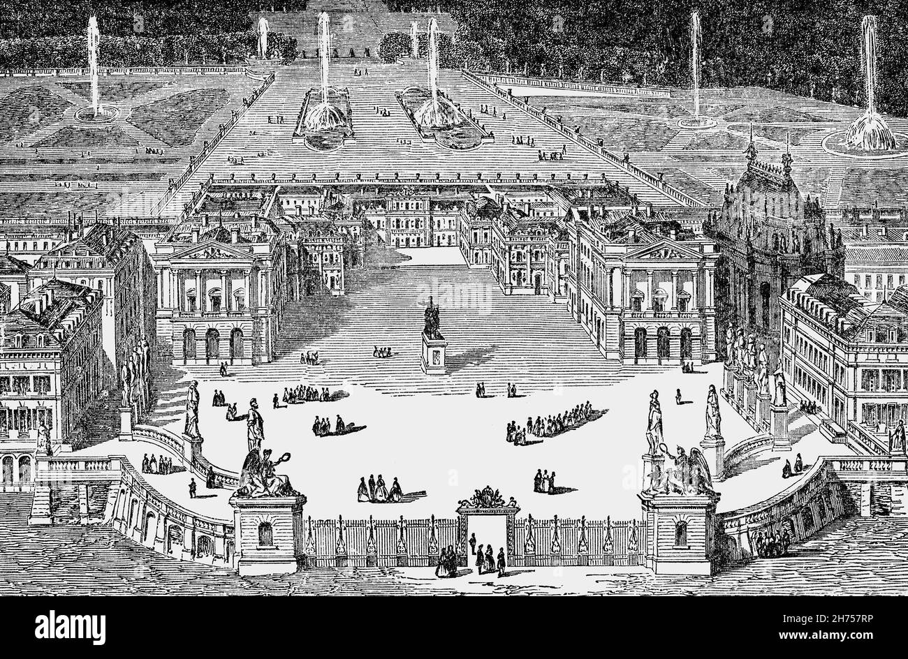 Un'illustrazione aerea della fine del XIX secolo del Palazzo e dei giardini di Versailles, un'ex residenza reale situata a Versailles, a circa 12 miglia ad ovest di Parigi, Francia. Nel 1623 Luigi XIII costruì un semplice rifugio di caccia sul sito del palazzo, poi lo sostituì con un piccolo Château nel 1631-34. Luigi XIV espanse il Château in un palazzo e nel 1682 Luigi XIV trasferì la sua corte e il suo governo a Versailles, rendendo il palazzo la capitale de facto della Francia. Fu proseguito dai re Luigi XV e Luigi XVI, ma nel 1789 la famiglia reale e la capitale della Francia tornarono a Parigi. Foto Stock