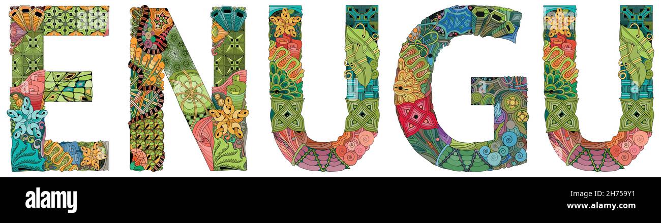 Design artistico dipinto a mano. Illustrazione Enugu città per t-shirt design, tatuaggio e altre decorazioni Illustrazione Vettoriale