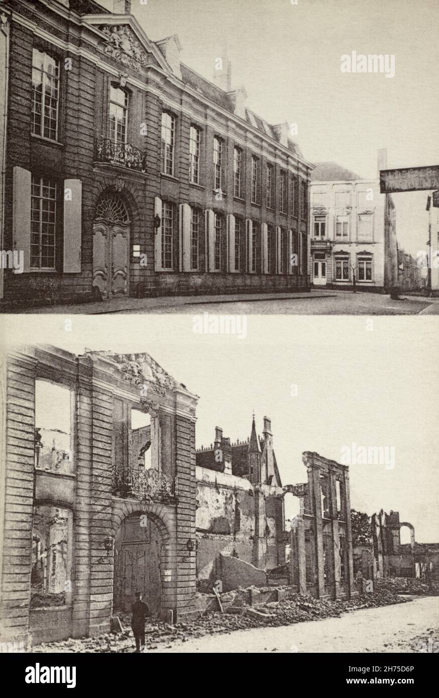 Una vista storica prima e dopo il Museo di Merghelynck, Ypres, Belgio, che mostra i danni causati dai combattimenti durante la prima guerra mondiale. Foto Stock