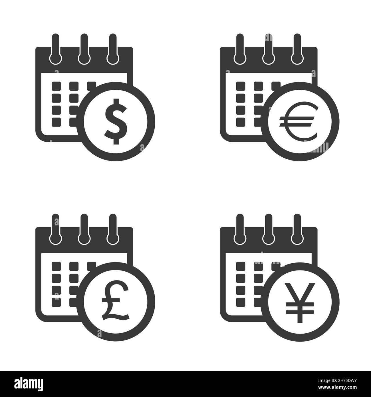 Dollaro USD, euro, sterlina, yen valute sul calendario. Simboli di denaro su calendar.Calendar valute di promemoria finanziario segni. Calendario giorni importanti. Illustrazione Vettoriale