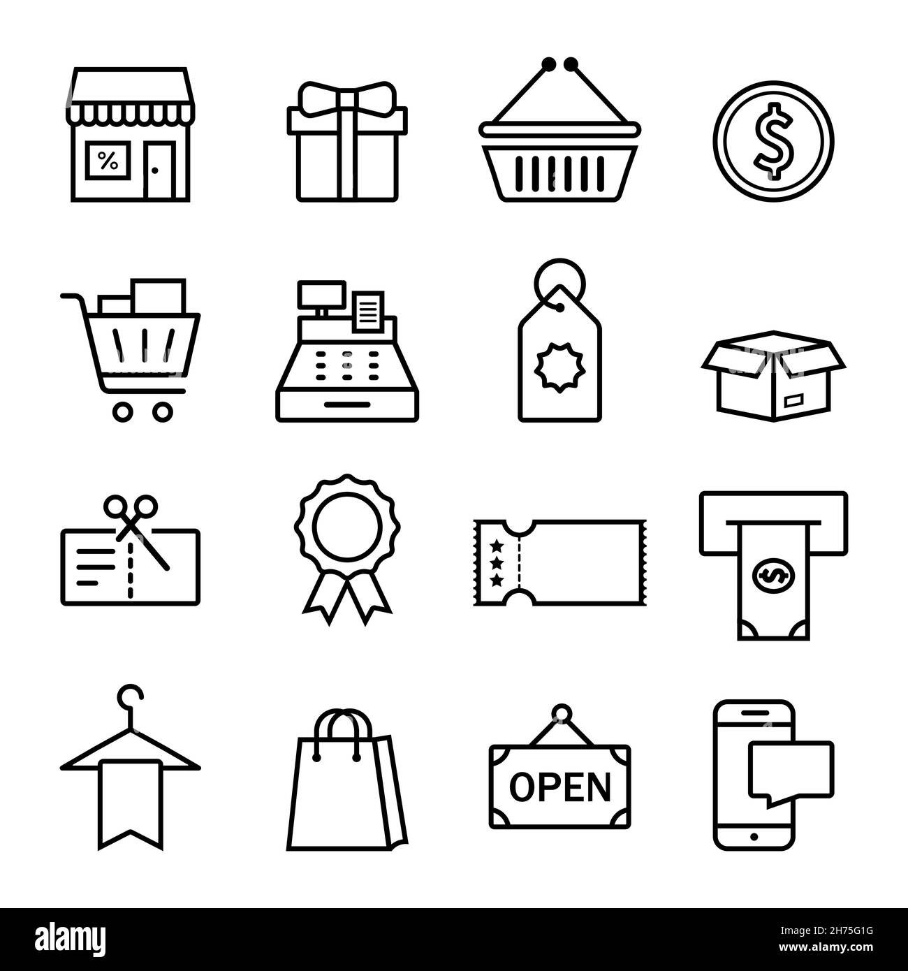 Set di icone vettoriali piatte sul tema del commercio, del denaro, del commercio al dettaglio, tecnologie commerciali Illustrazione Vettoriale