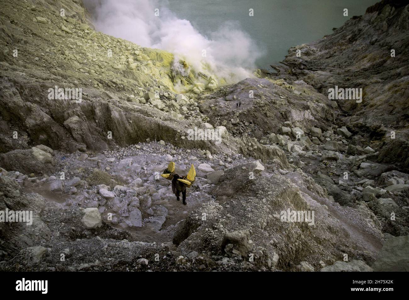 Un minatore visto trasportare mucchi di zolfo cammina su una piccola pista del cratere del vulcano Ijen in Giava orientale, Indonesia. Foto scattata il 21 ottobre 2016. Sulla base dei dati del Geological Survey degli Stati Uniti, circa 1,350 vulcani potenzialmente attivi sono sparsi in tutto il mondo, il 75% dei quali si trova lungo l'anello del fuoco del Pacifico come un'area che si estende attraverso i confini terrestri nell'Oceano Pacifico. I dati concludono, se la terra è un deposito di vulcani che mettono in pericolo fino a 800 milioni di persone che hanno attivato in un raggio di 100 chilometri come zona di rischio vulcano. Dal 1968, centinaia di persone di loro Foto Stock