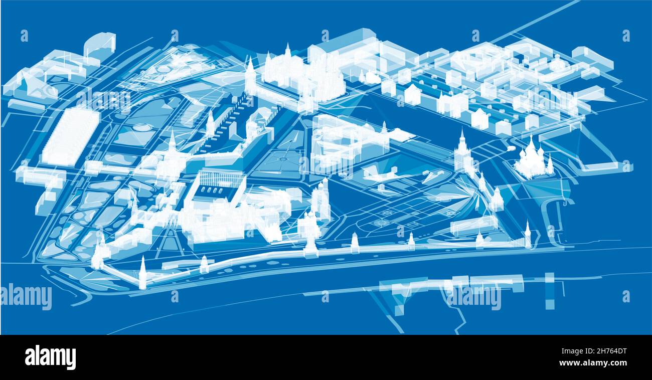 Vista del centro di Mosca, il Cremlino. Mappa. Plesso, ologramma ed effetto mappa. Strade, palazzi e chiese, San Basilio. Piazza Rossa e Gum. Russia Illustrazione Vettoriale