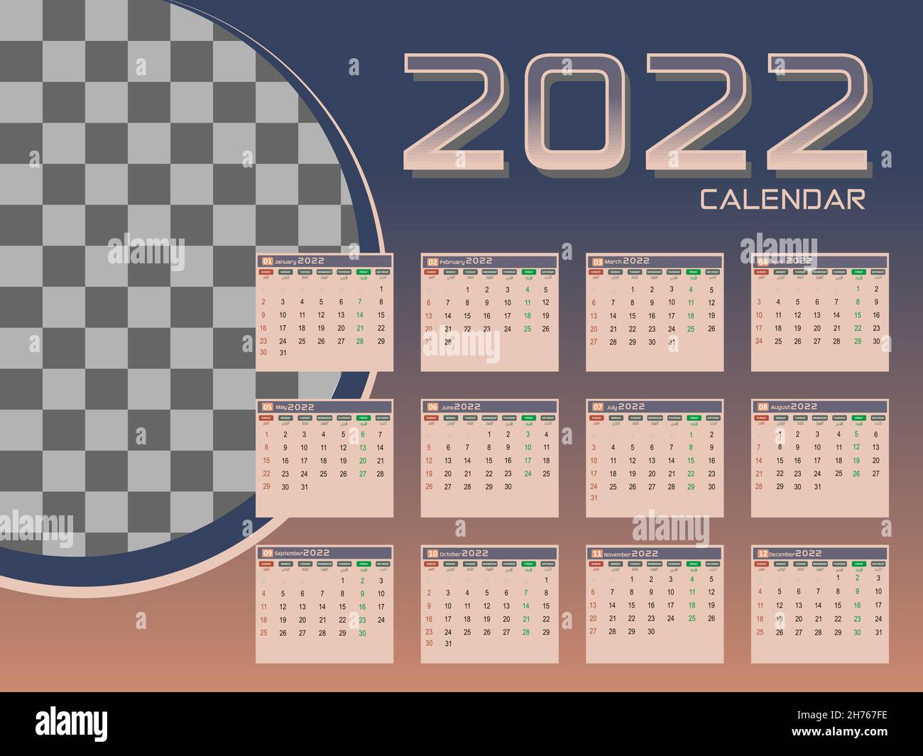 L'ultimo calendario 2022, con i colori di tendenza 2022 Illustrazione Vettoriale