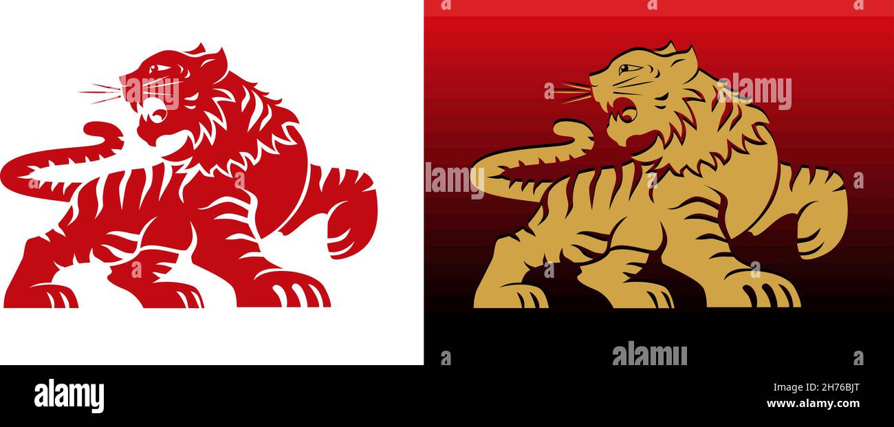 Cinese nuovo anno 2022 della tigre. Tigre vettoriale rosso e oro in stile cinese Illustrazione Vettoriale