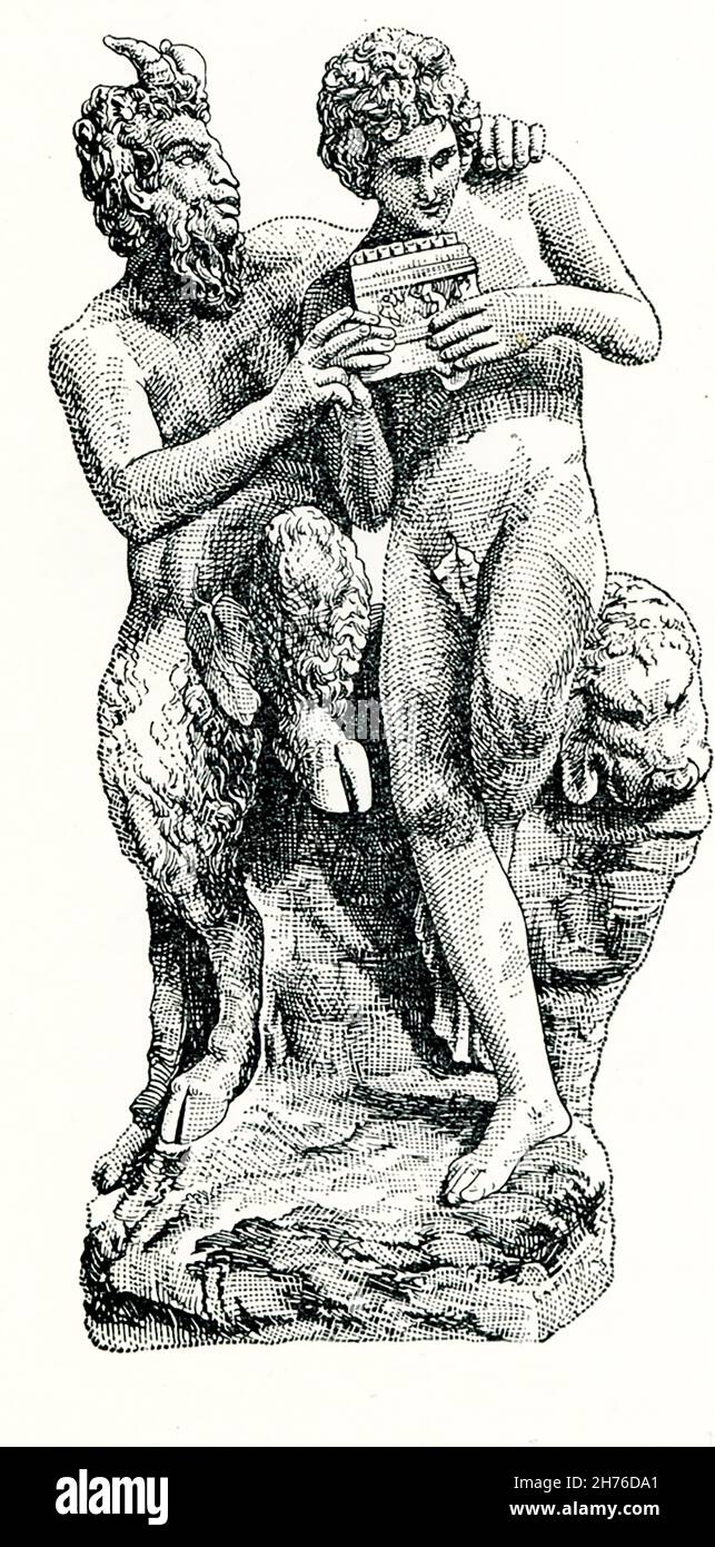 Questa statua di marmo mostra il dio Pan che istruisce i Daphnis giovani nel gioco delle Panpipe. Pan è una figura della mitologia greca che era originariamente un dio pastorale da Arcadia. Si credeva che abitasse nelle montagne e nelle foreste della Grecia ed era considerato il patrono dei pastori. Viene raffigurato con le corna e le gambe di una capra e con le caratteristiche facciali animalistiche. Daphnis era un pastore siciliano e l'inventore della poesia bucolica. Si impegnò a fare il suo amore per una Naias-Ninfa ma, dopo averlo imbrogliato con un'altra donna, fu accecato e cadde a morte da una scogliera. I poeti bucolici cantavano Foto Stock