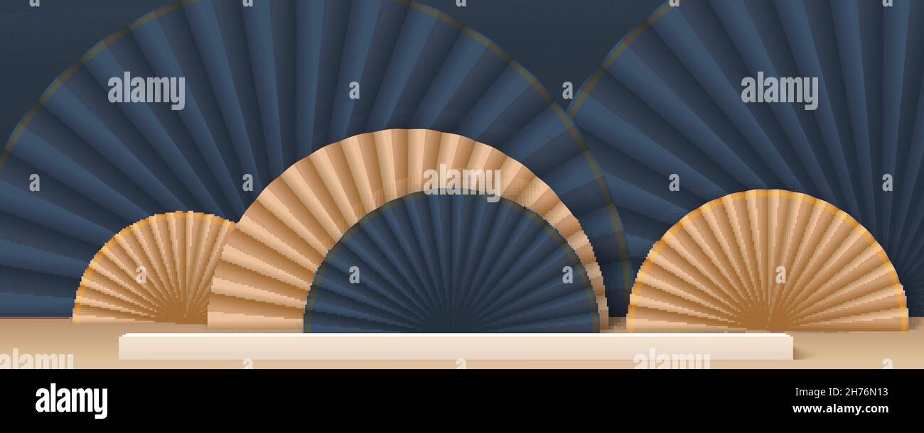 Studio per la visualizzazione di prodotti cosmetici. Sfondo astratto. Ventole della carta sullo sfondo. Illustrazione Vettoriale