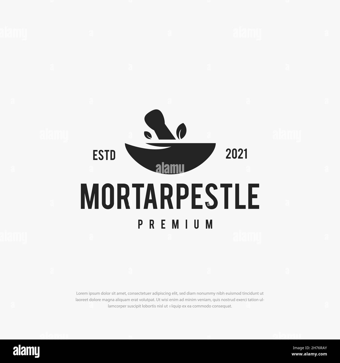 Mortar pestle logo premium hipster foglia ciotola icona vettore Illustrazione Vettoriale