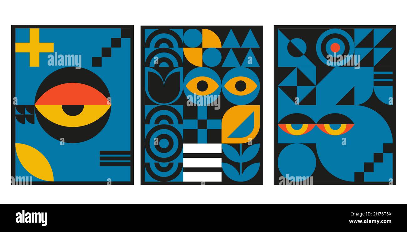 Design geometrico Bauhaus con elementi per gli occhi. Forme e forme primitive moderne. Poster vettoriali, copertine, striscioni. Illustrazione Vettoriale