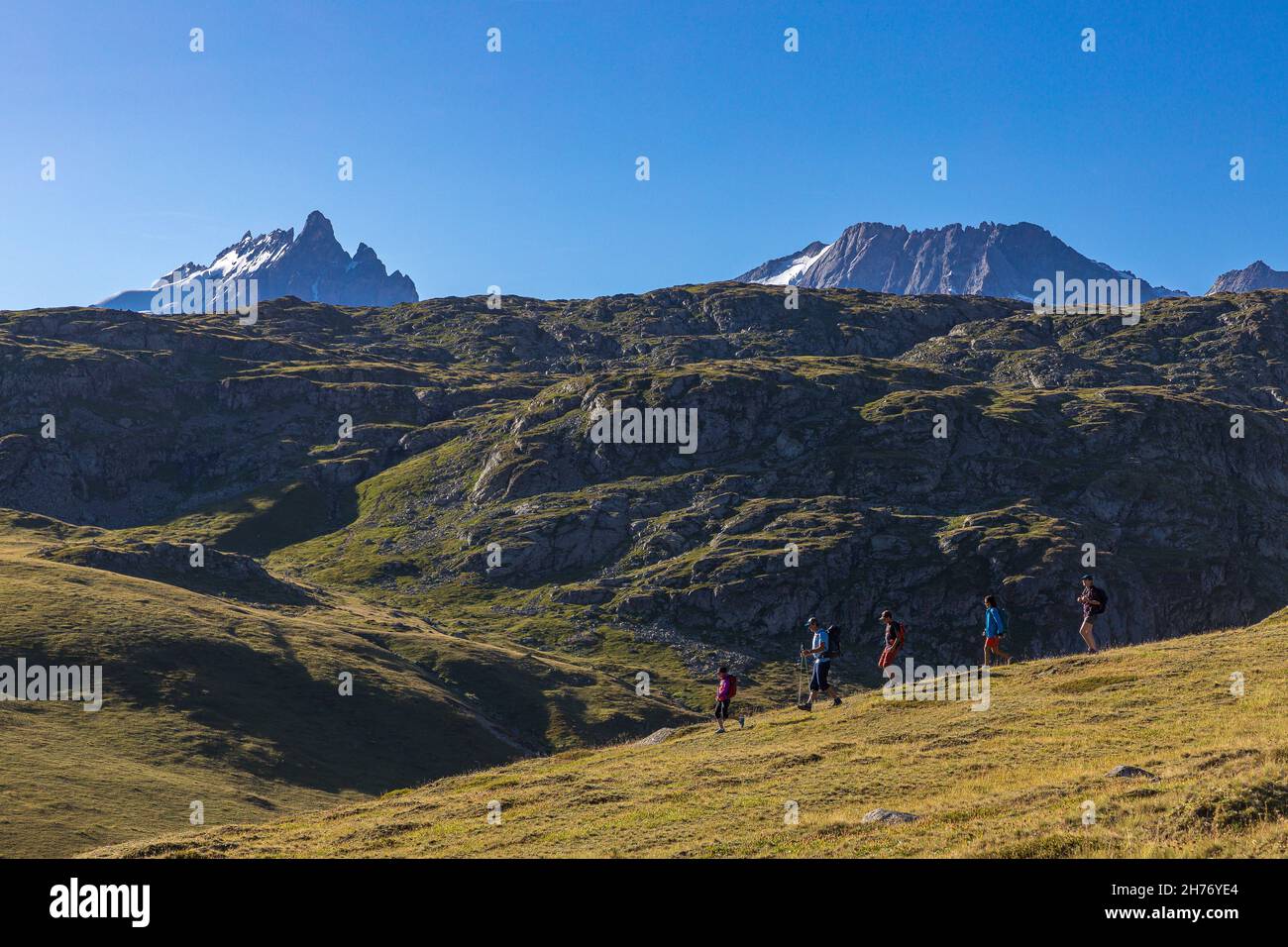 HAUTES-ALPES (05), LA GRAVE, SERRE CHEVALIER, PARCO NAZIONALE DEGLI ECRINS, ALTOPIANO EMPARIS, ESCURSIONI CON ALEXANDRE PUECH, GUIDA DI MONTAGNA CON ORIZZONTI MOUNTAI Foto Stock