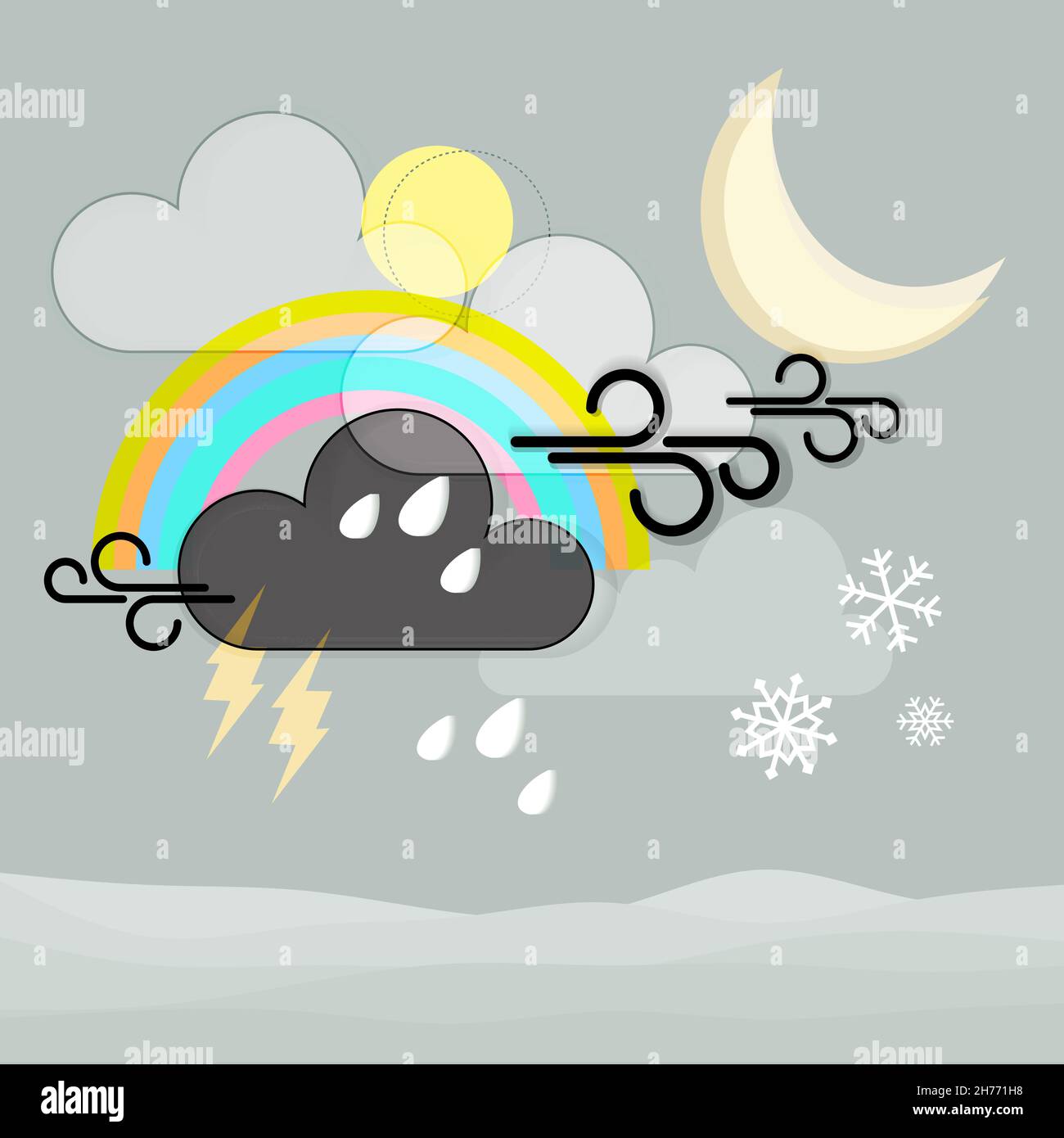 Illustrazione vettoriale di simboli meteo misti - pioggia di neve e nuvole. Fiocchi di neve d'inverno e icone arcobaleno per sito web, app meteo, meteorologia, meteo Illustrazione Vettoriale