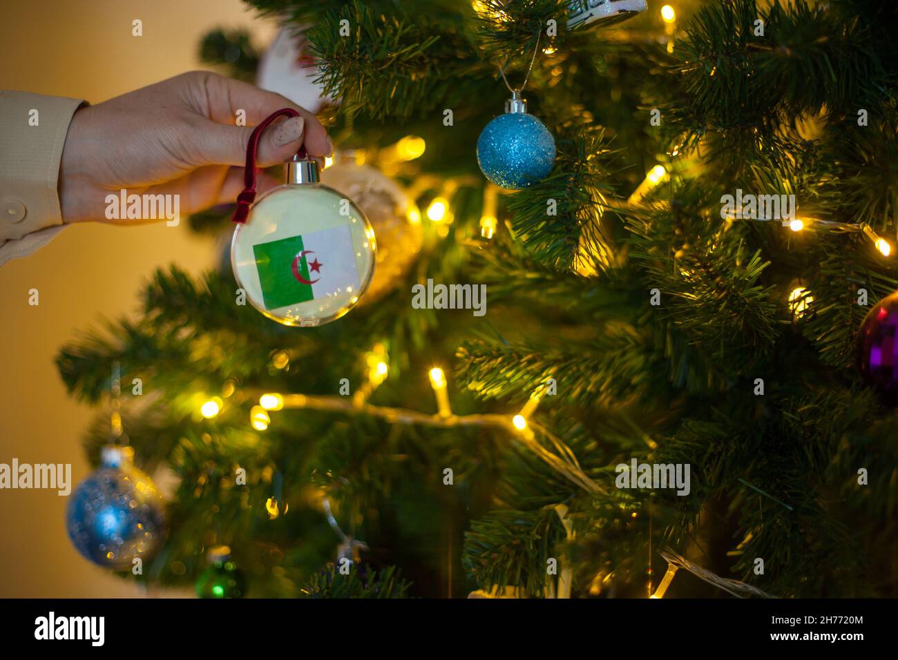 Una ragazza ha una decorazione su un albero di Natale con la bandiera dell'Algeria Foto Stock