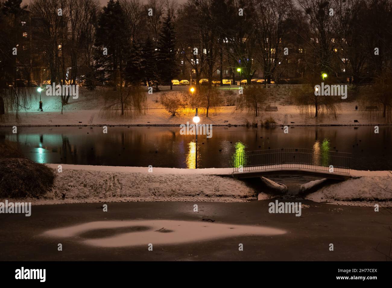 Parco cittadino di notte in inverno, stagni e vicolo con passerella. Foto Stock