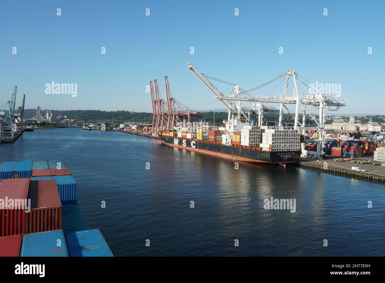 Nave mercantile container ormeggiata nel terminale SSA container per essere caricata e scaricata da gru a portale azionate da stedores. Foto Stock