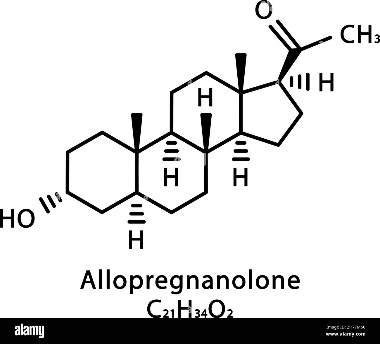 Struttura molecolare di Allopregnanolone. Allopregnanolone formula chimica scheletrica. Illustrazione del vettore della formula molecolare chimica Illustrazione Vettoriale