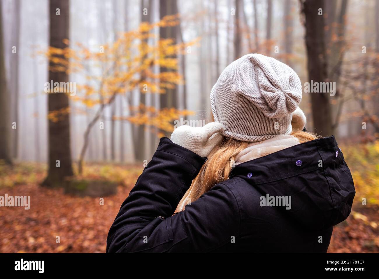 Donna che tira il cappello a maglia alle sue orecchie perché il congelamento durante l'escursione in autunno stagione. Abbigliamento caldo per escursioni nella foresta autunno nebbia Foto Stock