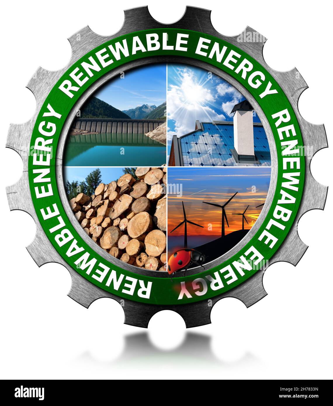 Concetto di energia rinnovabile - illustrazione 3D di un ingranaggio metallico con quattro foto di energie sostenibili. Vento, solare, biomassa ed energia idroelettrica Foto Stock