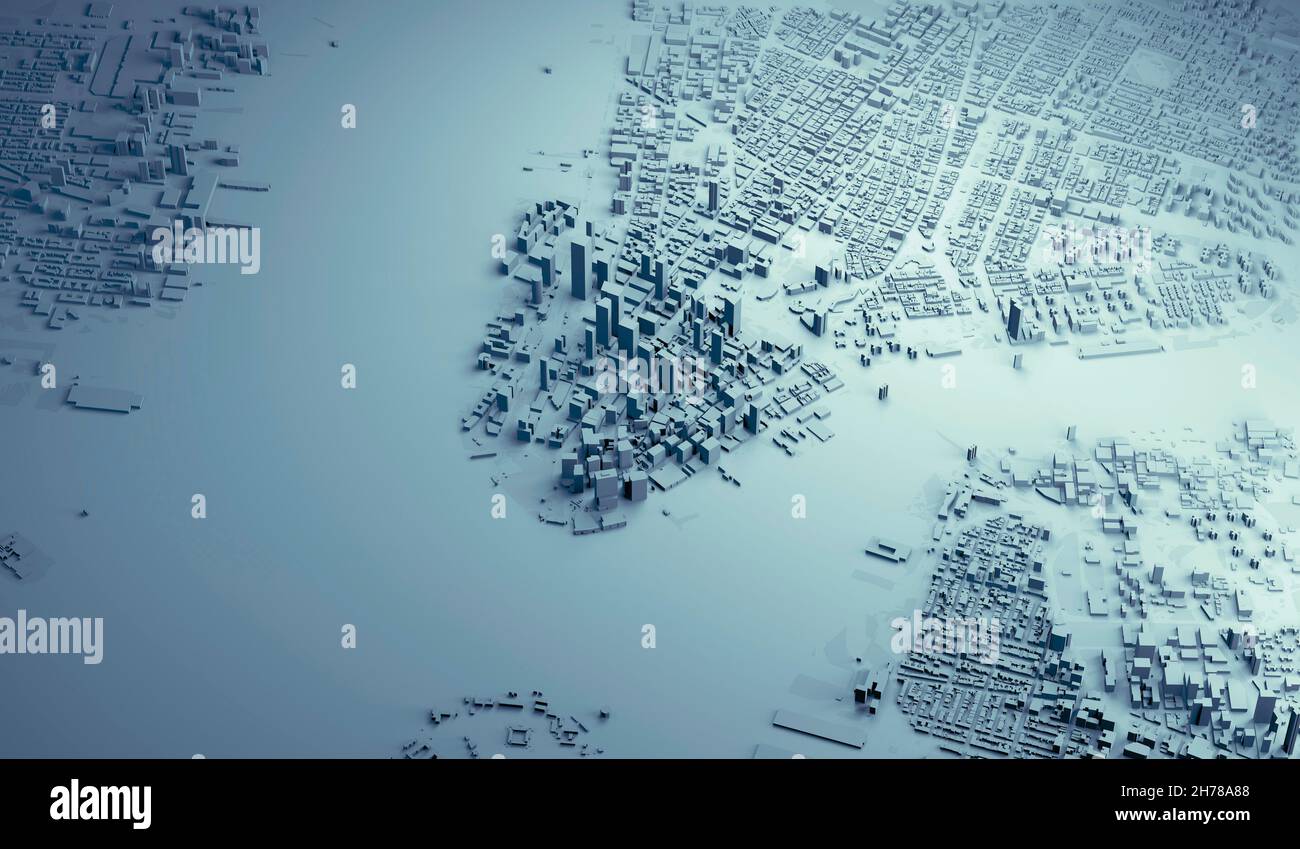 Vista aerea della mappa di New York, edifici e strade di Manhattan e Brooklyn, edifici 3d. NEW YORK. rendering 3d. In centro Foto Stock