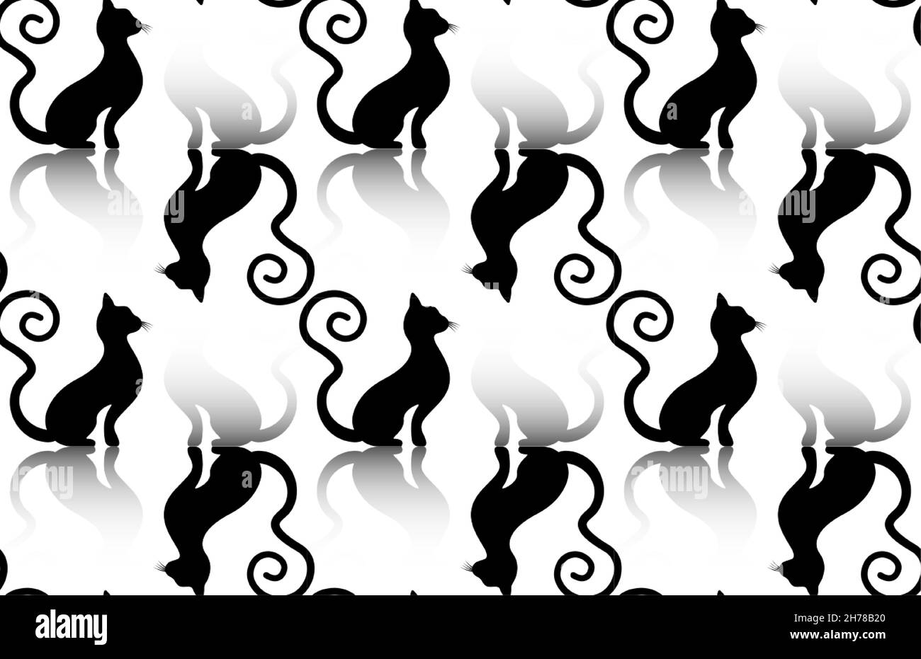 Silhouette senza cuciture Black Cats con coda ricurva, modello di texture stampato con motivo felino, illustrazione vettoriale isolata su sfondo bianco Illustrazione Vettoriale