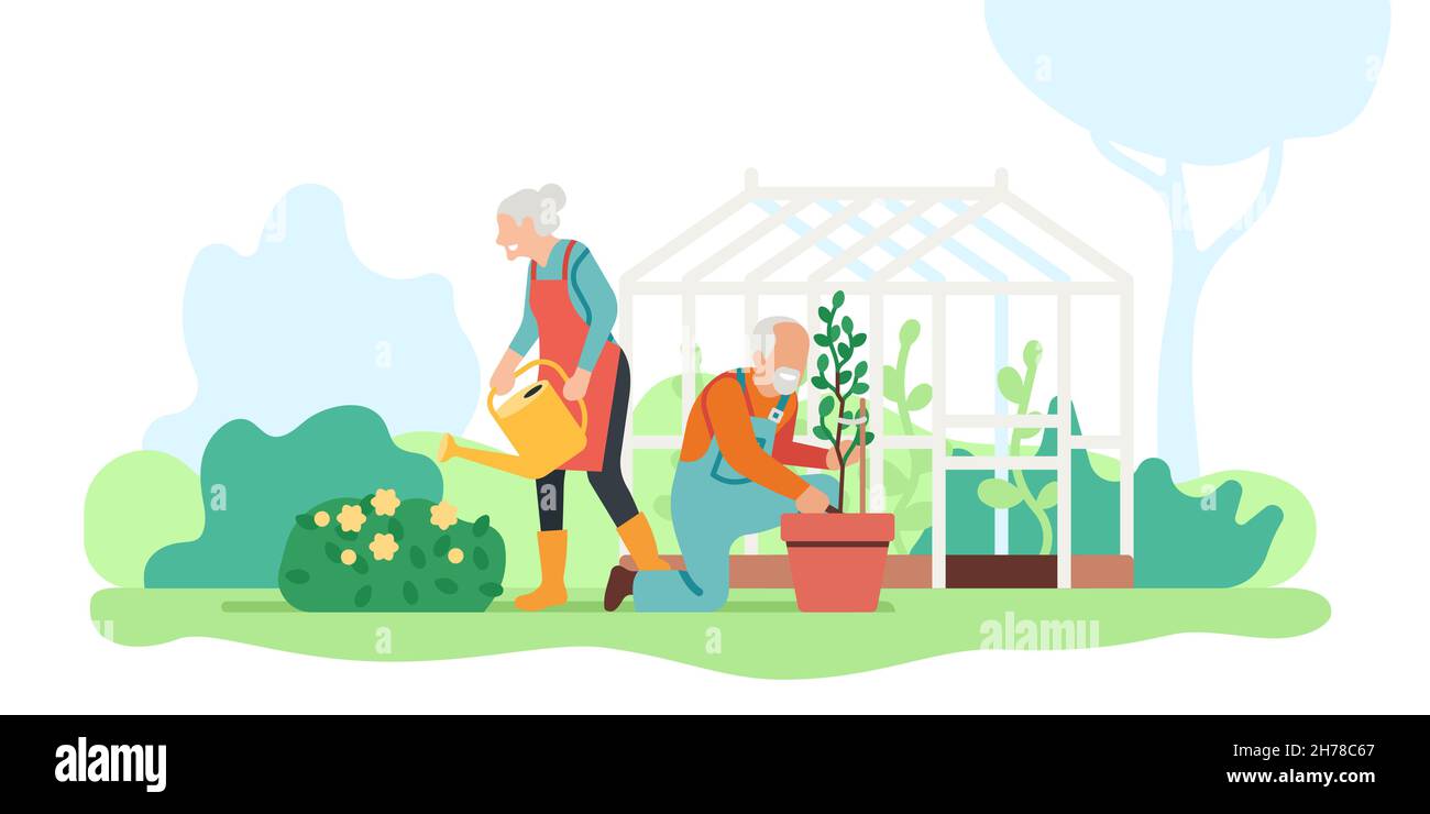 Hobby per famiglie anziane. Persone anziane impegnate giardinaggio. Nonni pianta e fiori d'acqua in cortile. La coppia si prende cura dei fiori. Persone lavorano in Illustrazione Vettoriale