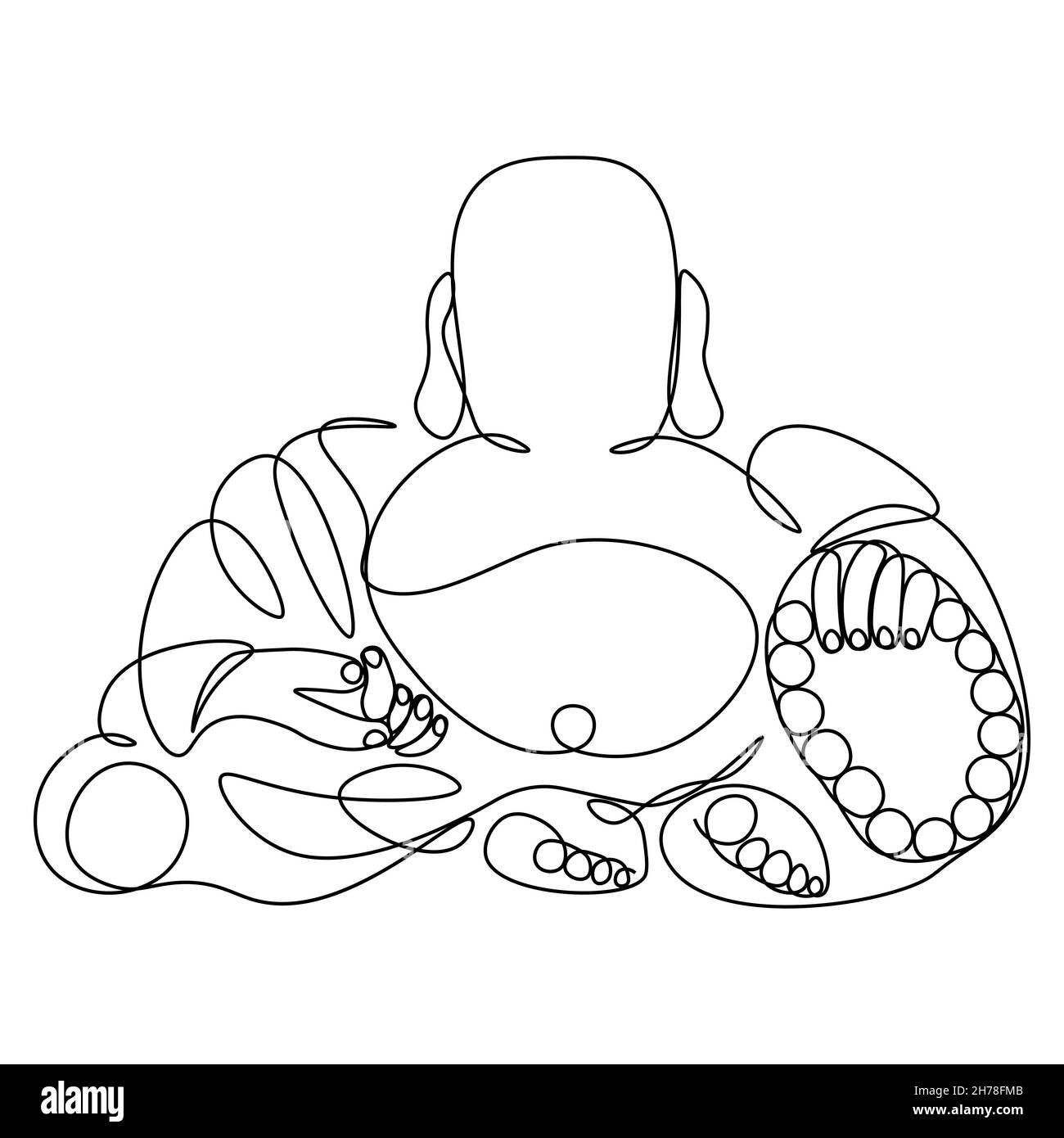 Silhouette di Buddha con perle di rosario - disegni a una linea. Religione il simbolo dell'Induismo, del Buddismo, della spiritualità e dell'illuminazione. Disegno con un peccato Illustrazione Vettoriale