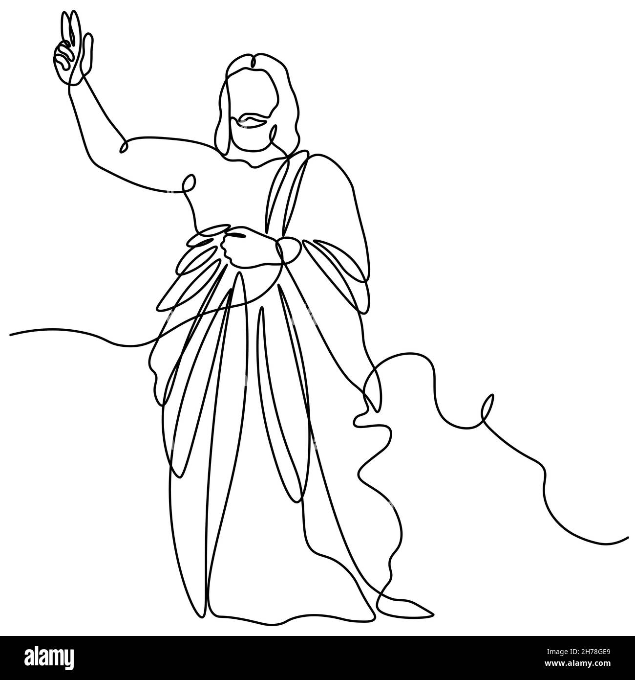 Un'unica linea disegnata continua arte noodle spiritualità Gesù Cristo sermone, preghiera immagine isolata di una mano disegnata contorno su sfondo bianco.. Illustrazione Vettoriale