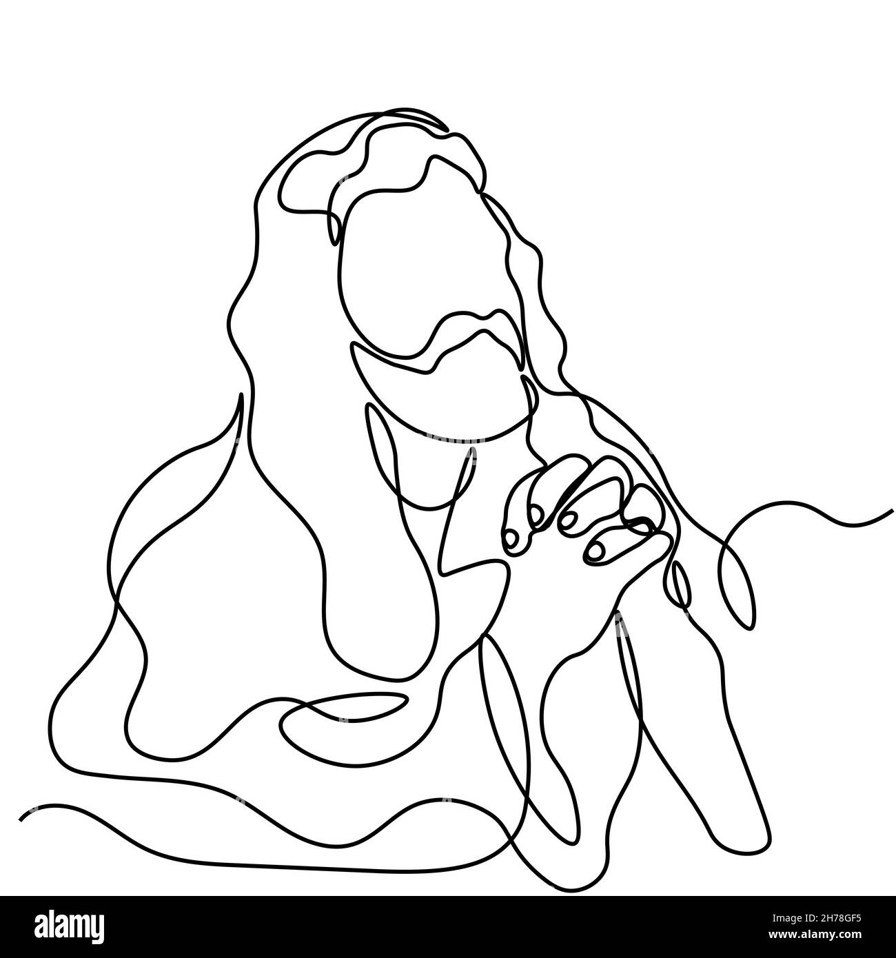Un'unica linea disegnata continua arte noodle spiritualità Gesù Cristo sermone, preghiera immagine isolata di una mano disegnata contorno su sfondo bianco.. Illustrazione Vettoriale