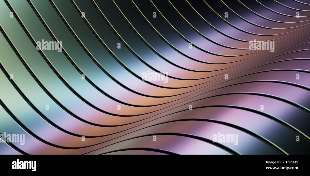 Sfondo colorato metallico astratto. Superficie riflettente e curve. illustrazione 3d. Foto Stock