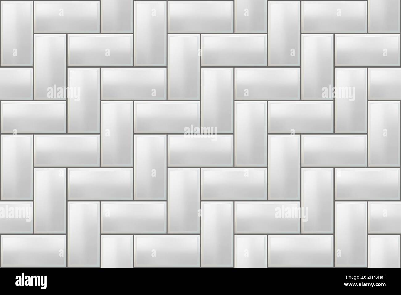 Bianco senza giunture con motivo a forma di mattonelle a spina di pesce della metropolitana. Sfondo mattone. Parete vettoriale della metropolitana o struttura del pavimento. Interno griglia a mosaico lucida con elema rettangolare Illustrazione Vettoriale