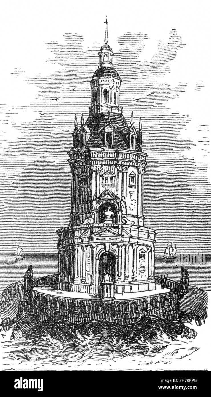 Europa, Frankreich , Corduan, Leuchtturm zu Corduan, aus dem 17. Jahrhundert, Holzstich, aus einem Buch aus dem Jahr 1879, Verlag otto Spamer, Konvertiert in schwarzweiß, Kunsturheberrechte werden nicht vertreten. / Europa, Francia, Corduan, faro di Corduan, del 17 ° secolo, incisione in legno da un libro, pubblicato nel 1879, casa editrice otto Spamer, convertito in bianco e nero, non ci sono diritti . Foto Stock
