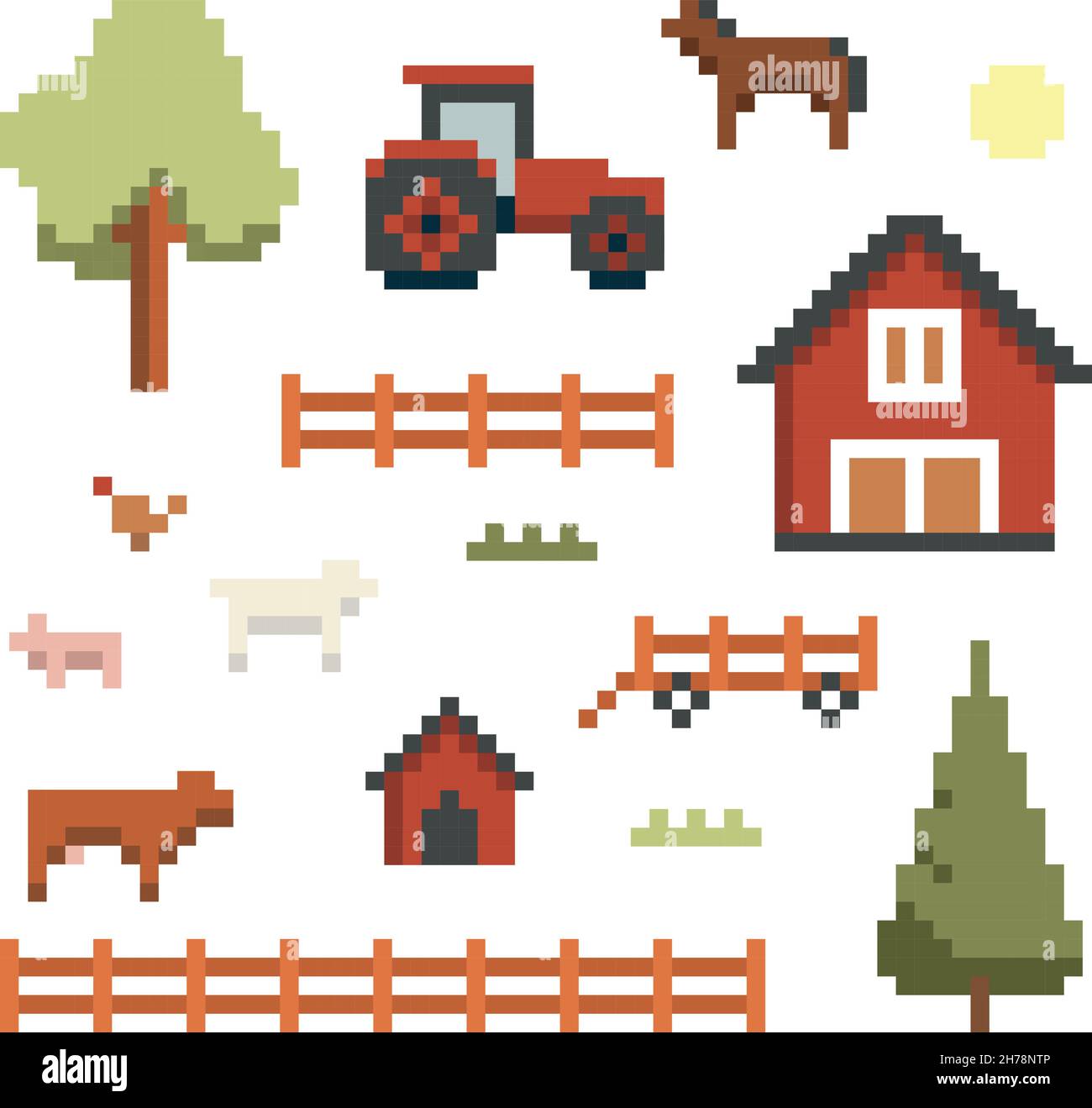 Oggetti farm pixel art Illustrazione Vettoriale