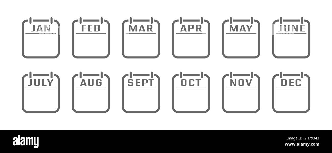 set di icone del calendario con i nomi dei mesi dell'anno. Un calendario con i nomi dei mesi dell'anno. Stile piatto. Illustrazione Vettoriale