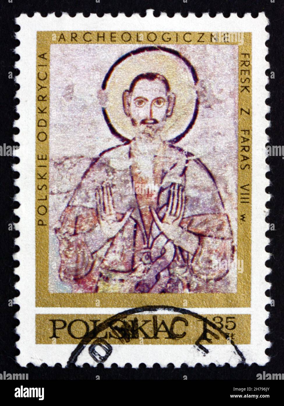 POLONIA - CIRCA 1971: Un francobollo stampato in Polonia mostra Eremita Anamon di tonno el Gabriel, fresco dalla Cattedrale di Faras, Nubia, Archeologia Polacca E. Foto Stock