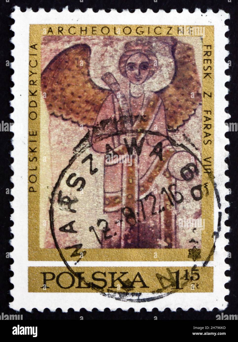 POLONIA - CIRCA 1971: Un francobollo stampato in Polonia mostra l'Arcangelo Michele, fresco della Cattedrale di Faras, Nubia, scavi archeologici polacchi in N Foto Stock
