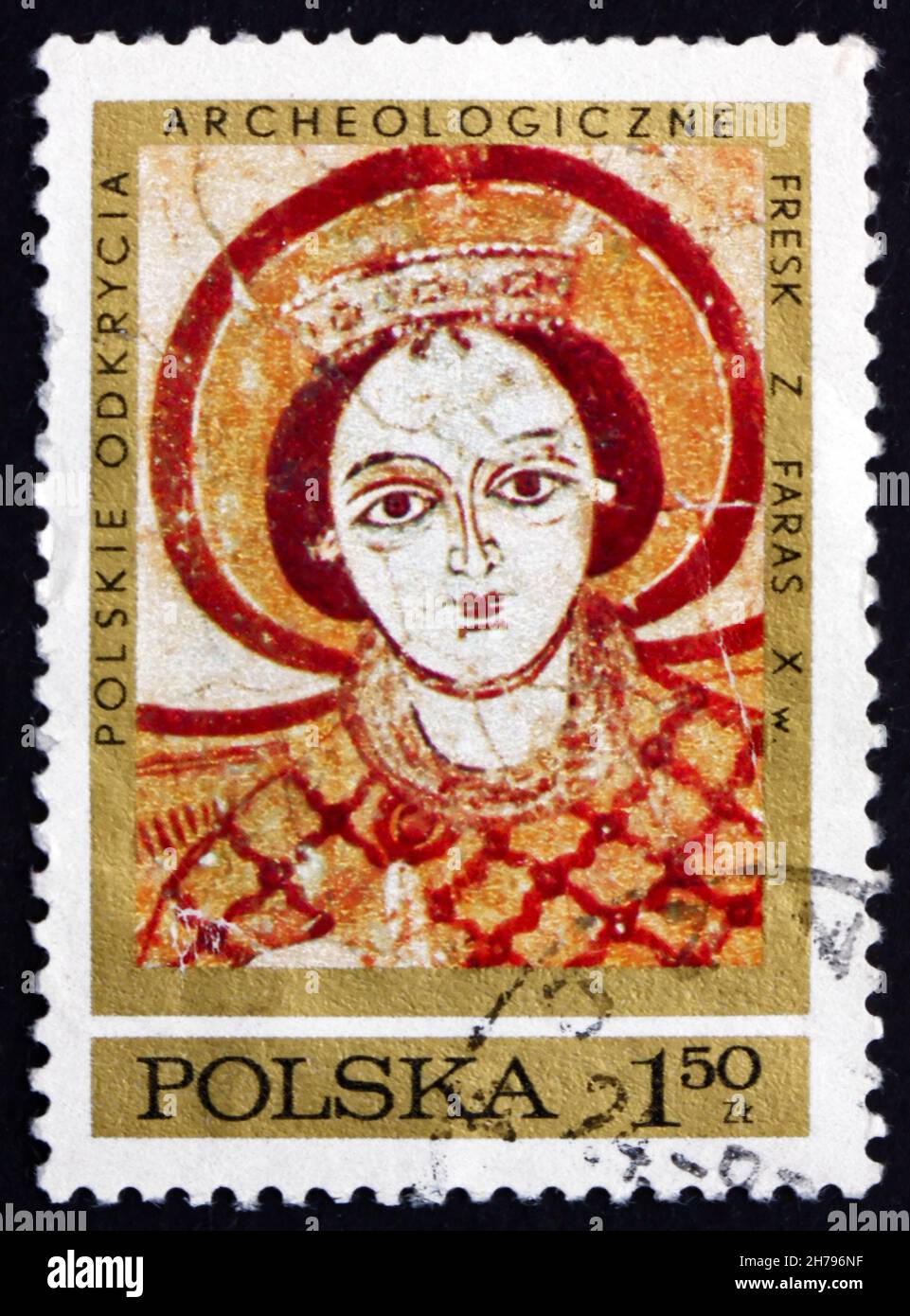 POLONIA - CIRCA 1971: Un francobollo stampato in Polonia mostra l'Arcangelo Michele, fresco della Cattedrale di Faras, Nubia, scavi archeologici polacchi in N Foto Stock