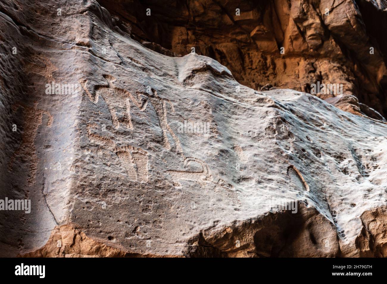 Vista di antichi petroglifi storici in un canyon nel deserto di Wadi Rum in Giordania Foto Stock
