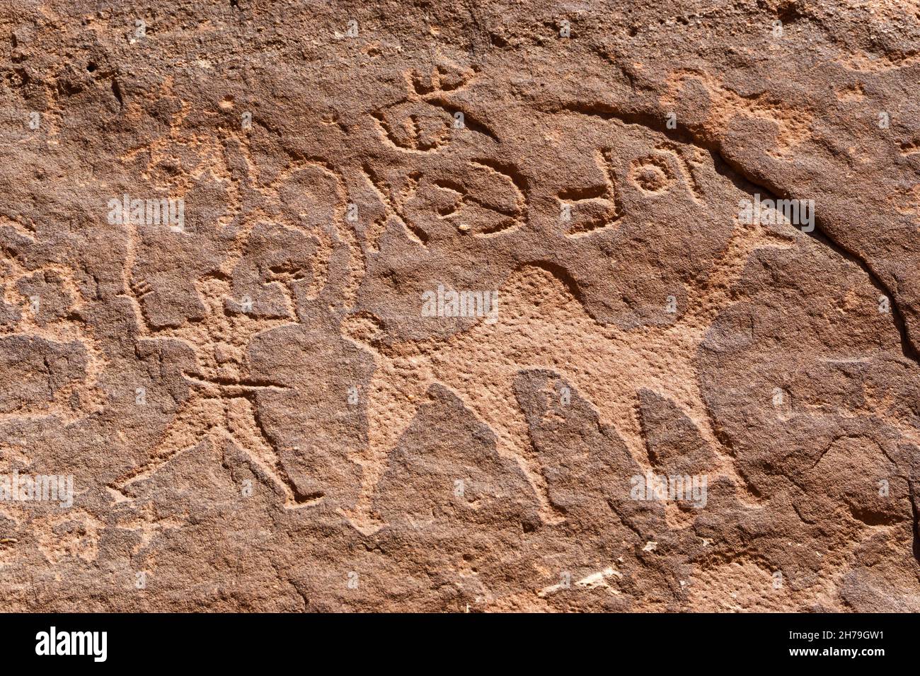 Vista da primo piano di un petroglifo con un cammello e un uomo a Wadi Rum, Giordania Foto Stock