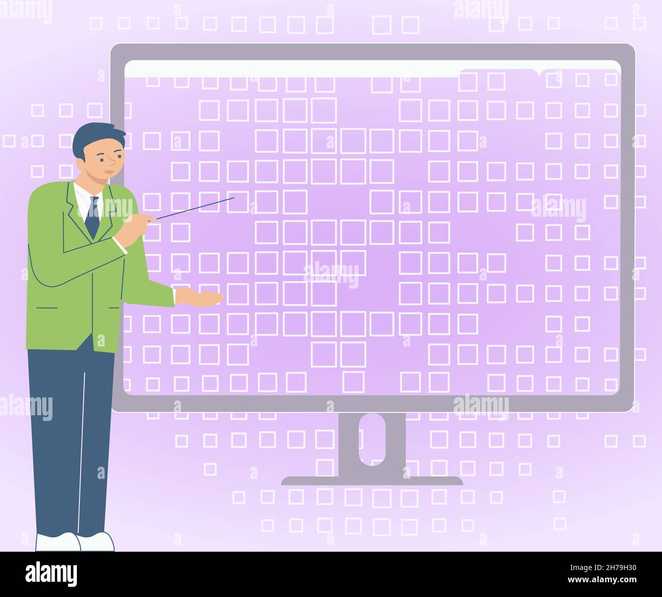 Illustrazione di businessman in piedi saldamente da solo che presenta grafici e nuove idee meravigliose sullo schermo del calcolatore. Dipendente che utilizza Blazer da solo Illustrazione Vettoriale